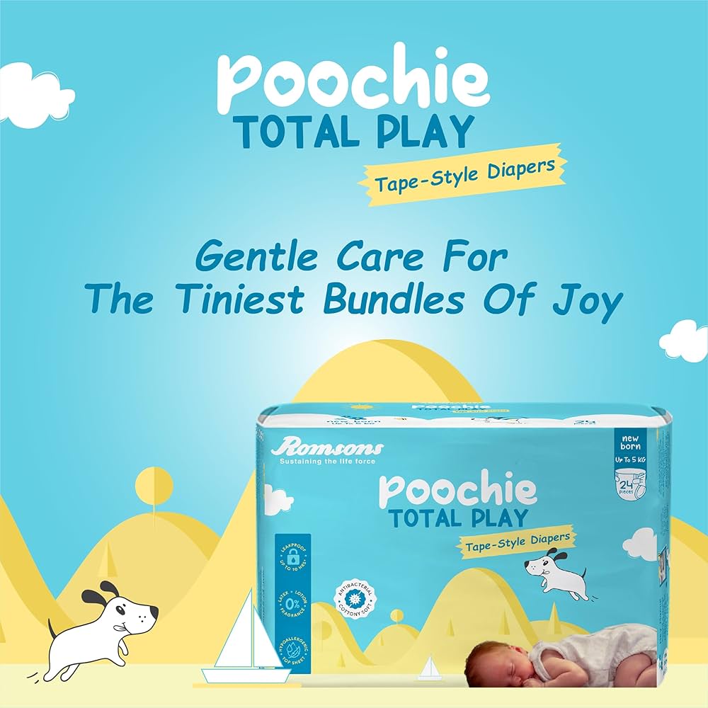 Romsons Poochie Total Play Newborn Tape Style Baby Diapers (24's)